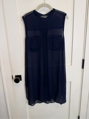 Vince Navy Sheer Sleeveless Tunic Blouse